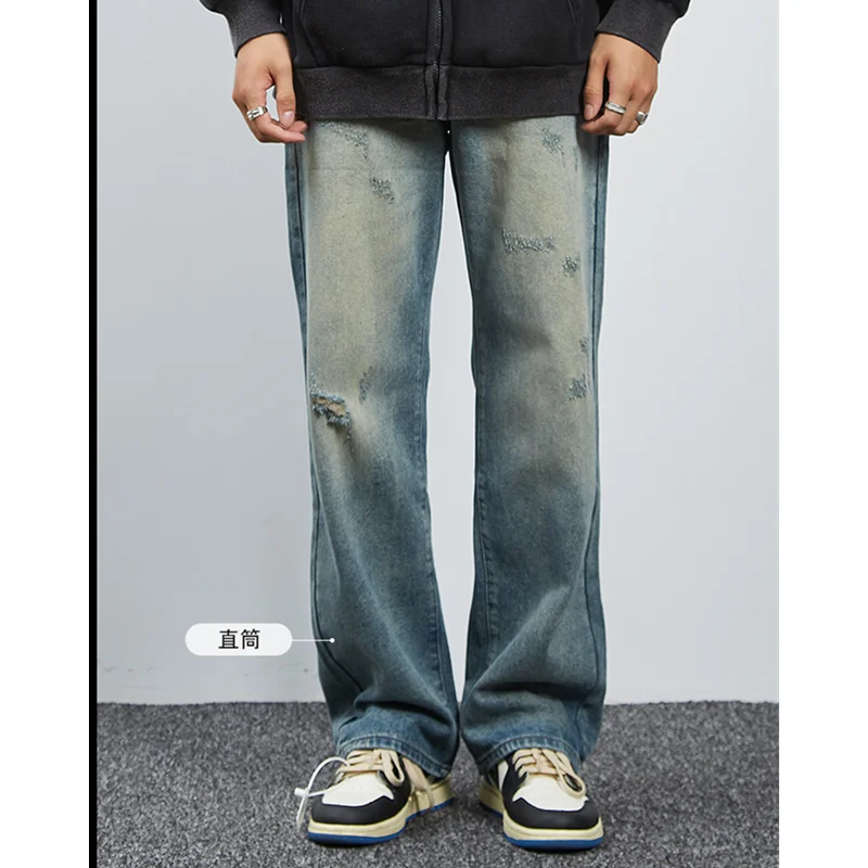 Streetwear Men 2022 New Pattern Hole Patch Jeans Loose Recreational Straight Cylinder Blue Temperament Trousers Female Autumn