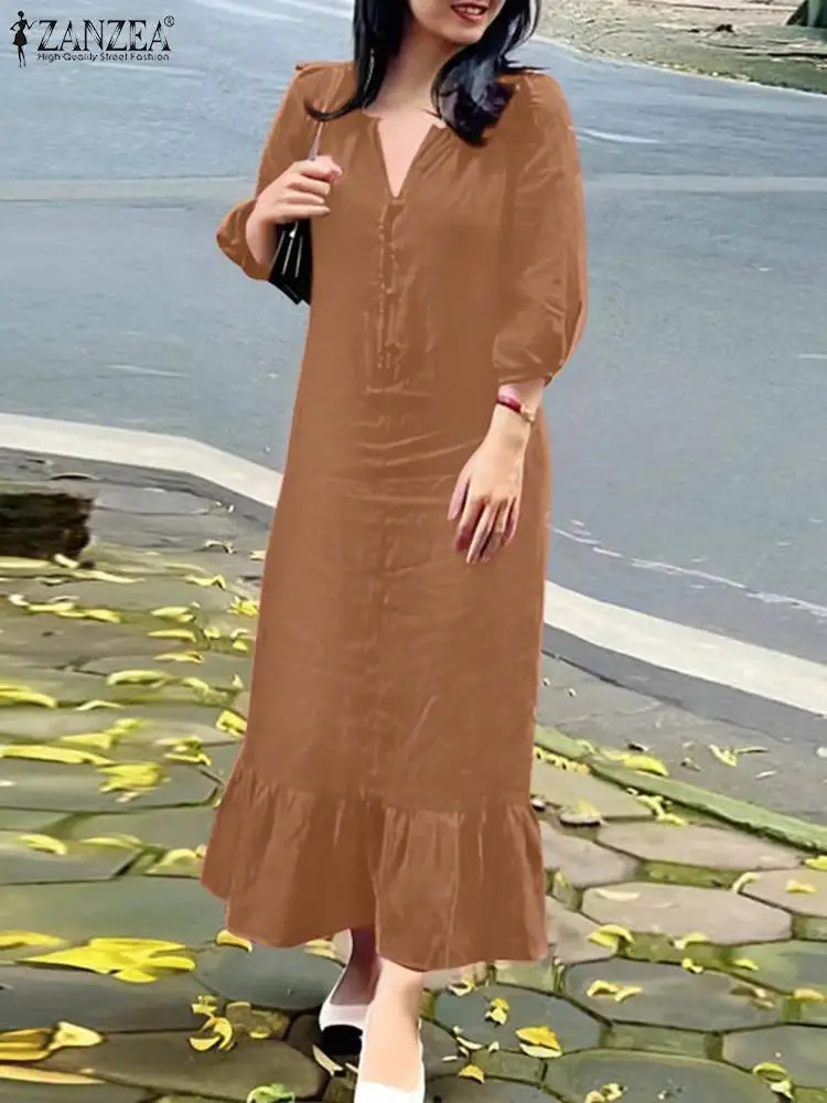 

ZANZEA Autumn Elegant Solid Dress Women V Neck Puff Sleeve Dresses Casual Flounce Hem Sundress Female Casual Holiday Vestidos