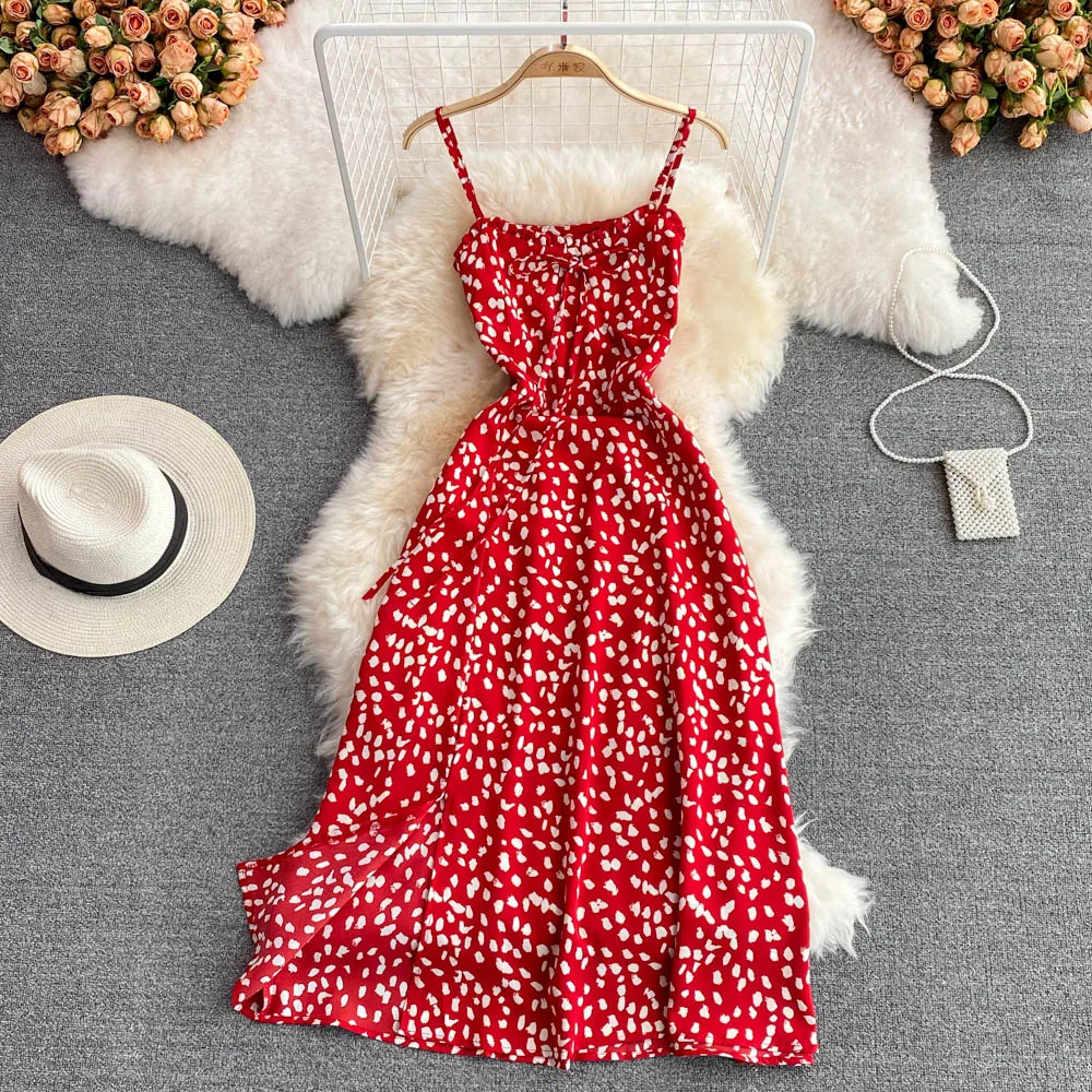 

Floral Beach Dress Pleated Slim Sleeveless High Waist Suspender Dress Medium Long Split Strapless Dress 2022 Summer