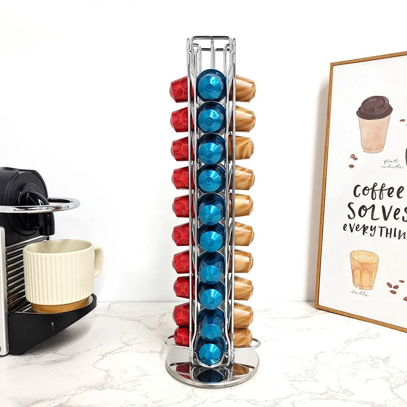

1 Piece Nespresso Pod Holder Stand Rack Display Coffee Capsules Stainless Metal Holders Rotatable Racks Holds 40 Coffee Pods