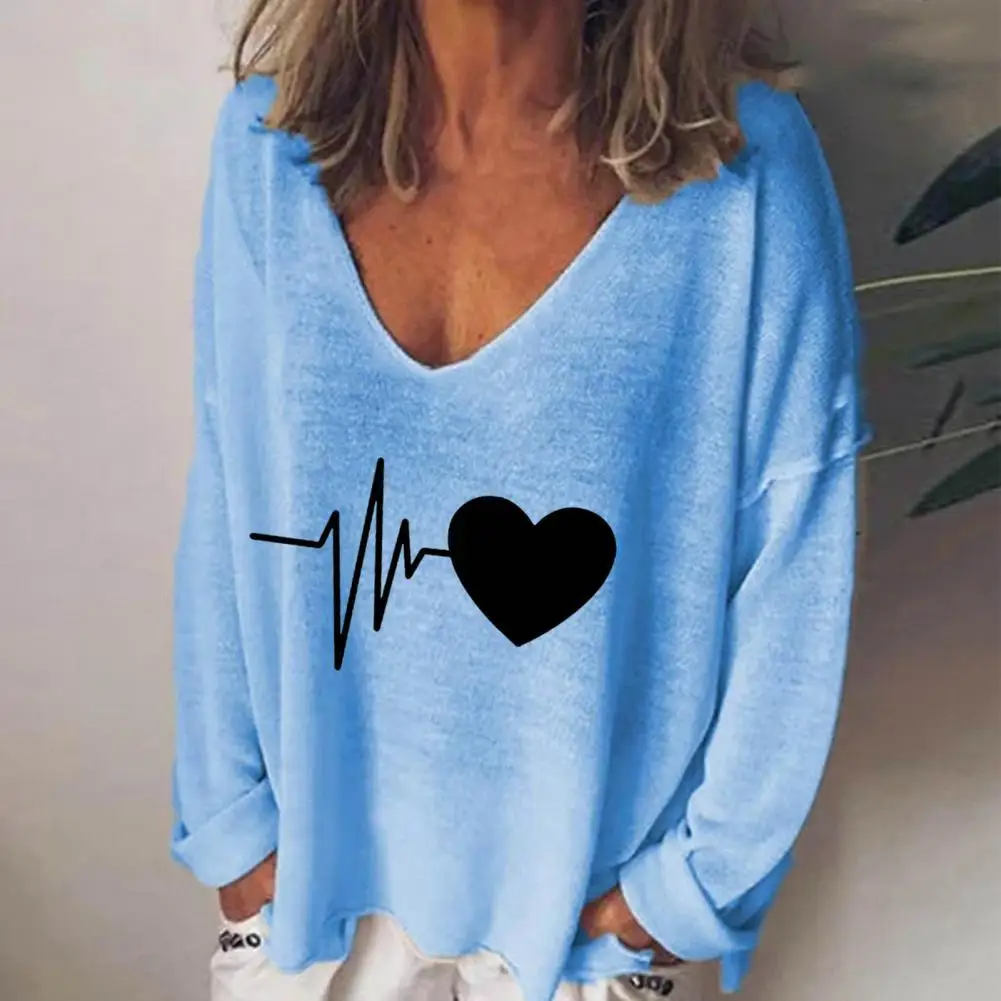 

T-shirt Top Long Sleeves Anti-Shrink Versatile Simple Casual Heart Pattern Women Top Jumper Women Pullover Streetwear
