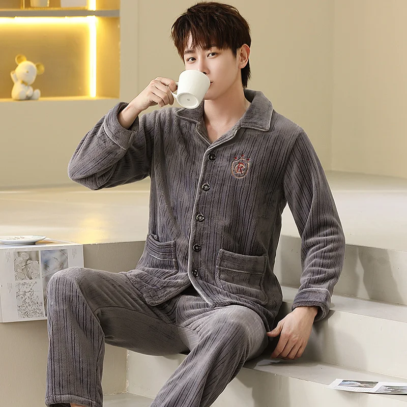 QUHENG 2022 Winter Pajamas for Man Set Flannel Plus Size Pijamas Pocket Buttons 2 Pieces Home Clothes Suits Pyjama Sleepwear
