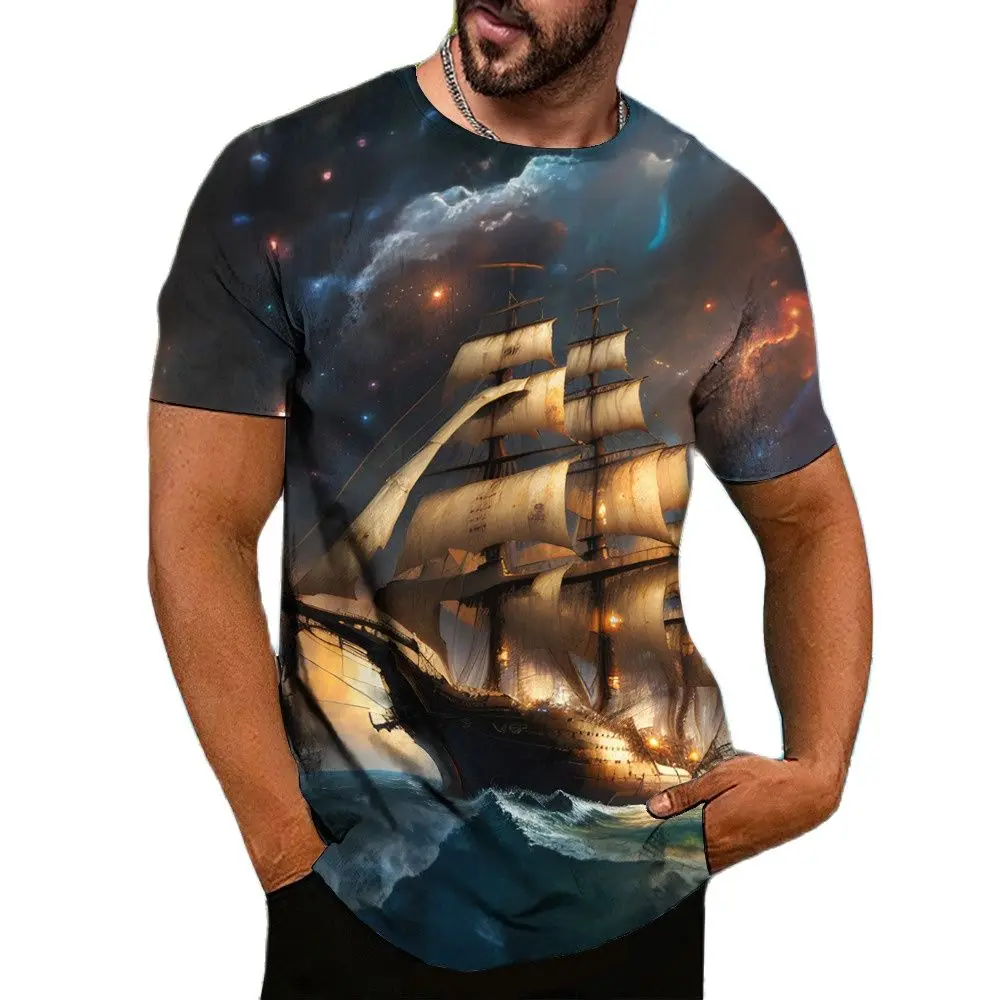 

Retro Men's Short Sleeve T-shirt 3D Sailing Sailing Landscape Print Casual Comfort Round Neck Extra Large Top T-shirt