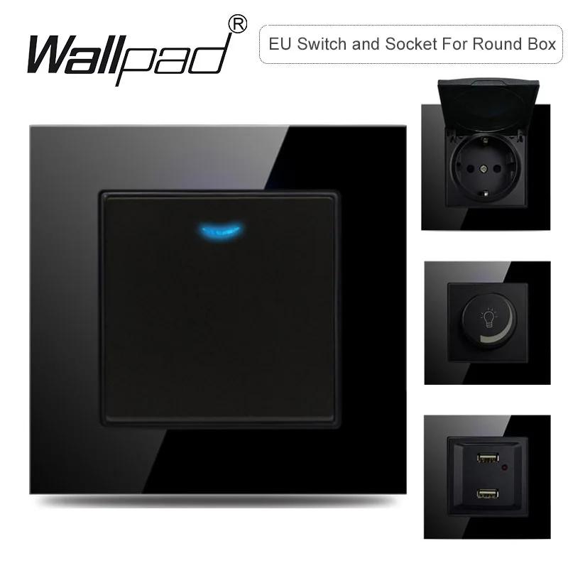 

1 2 3 Gang ON OFF Reset Switch 16A French EU Wall Socket with USB DIY EU Black Glass Fan Dim Cat6 Data Tel TV Outlet Wallpad