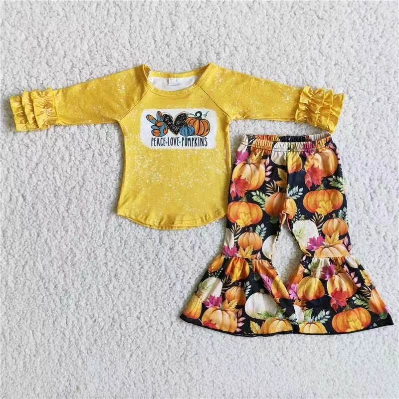 

Новый дизайн, Осенний наряд для маленьких девочек, желтый топ с длинным рукавом и принтом в виде тыквы и штаны с колокольчиком, наряд, детски...