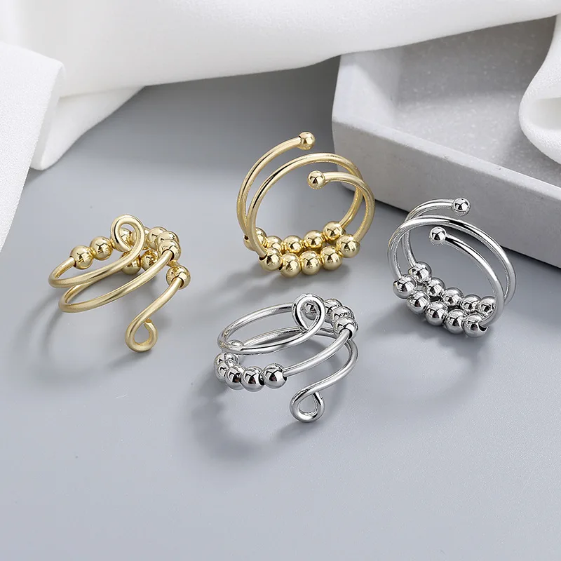 Freely Rotate Beads Anti Stress  Anxiety Couple Ring For Woman Men Lovers Women Lady Silver Color Open Adjustable Rings