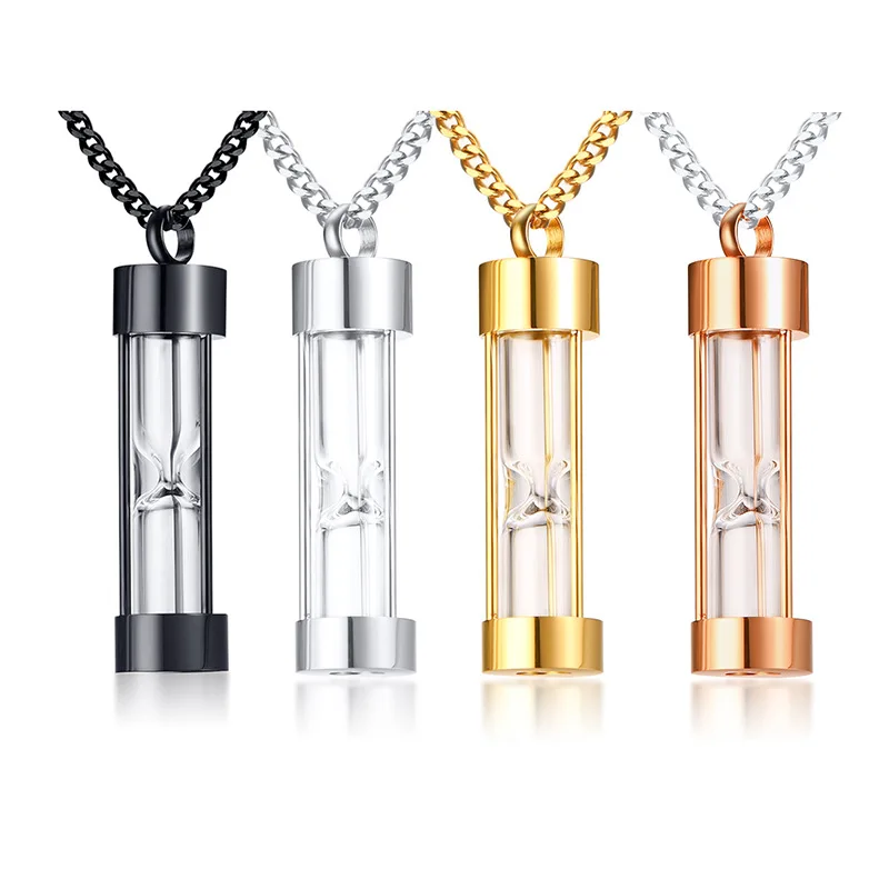 

Punk Urn Perfume Bottle Stainless Steel Necklace Women Hip Hop Glass Hourglass Gothic Pendant Necklaces For Men Valentine Gifts