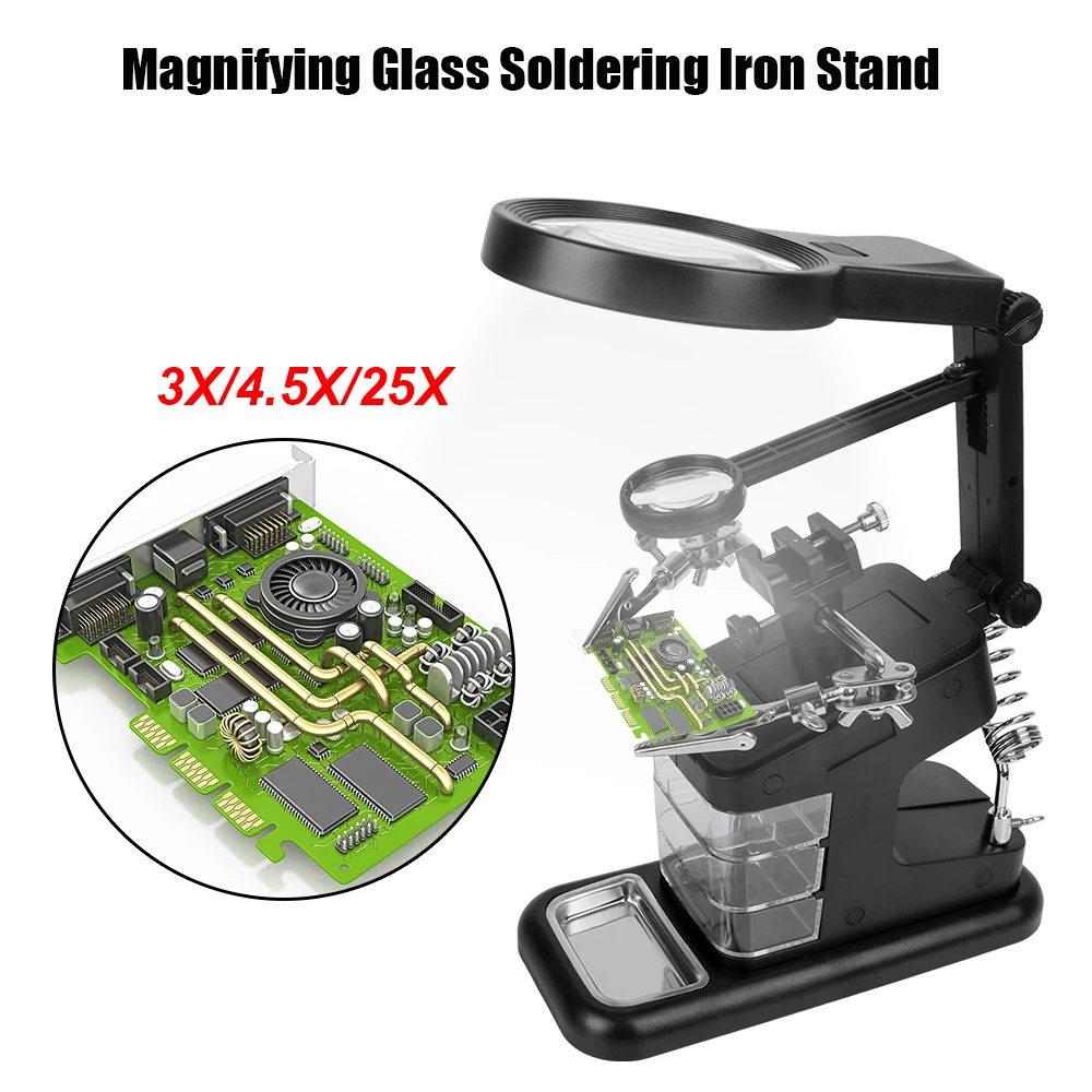 

Soldering Iron Stand Welding LED Magnifier 3X/4.5X/25X Magnifying Glass Alligator Clip Holder Clamp Hand Soldering Repair Tool