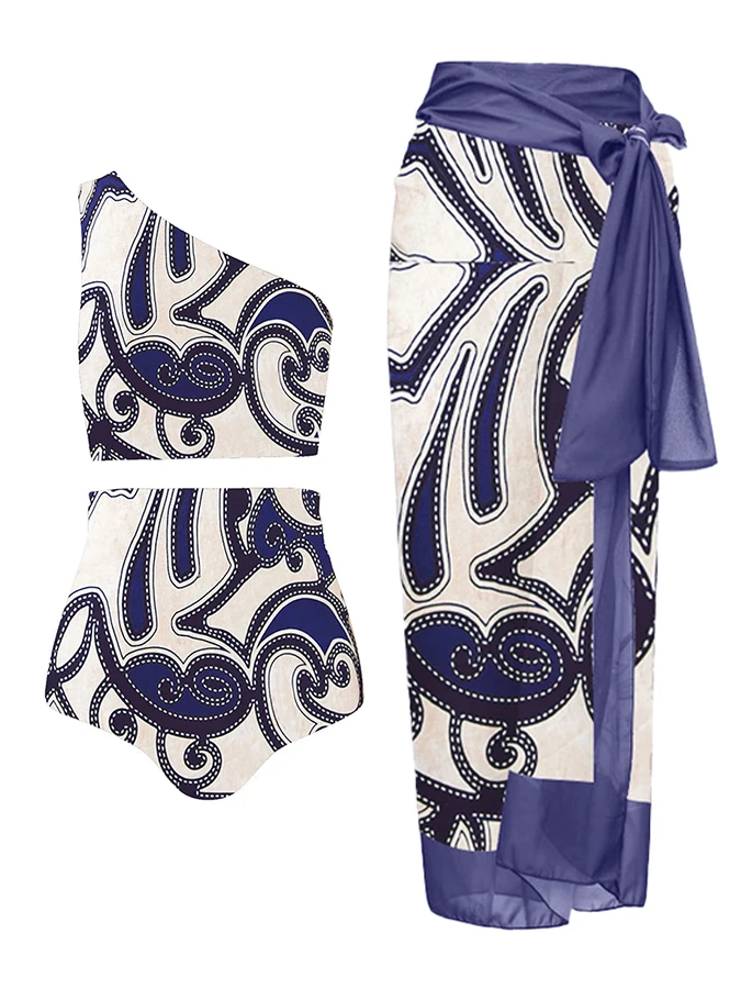 

Two Piece Swimsuits Women One Shoulder Fashion Print Bikini Sexy High Waist Bathing Suit Cover Up Summer Beachwear Beach Wear