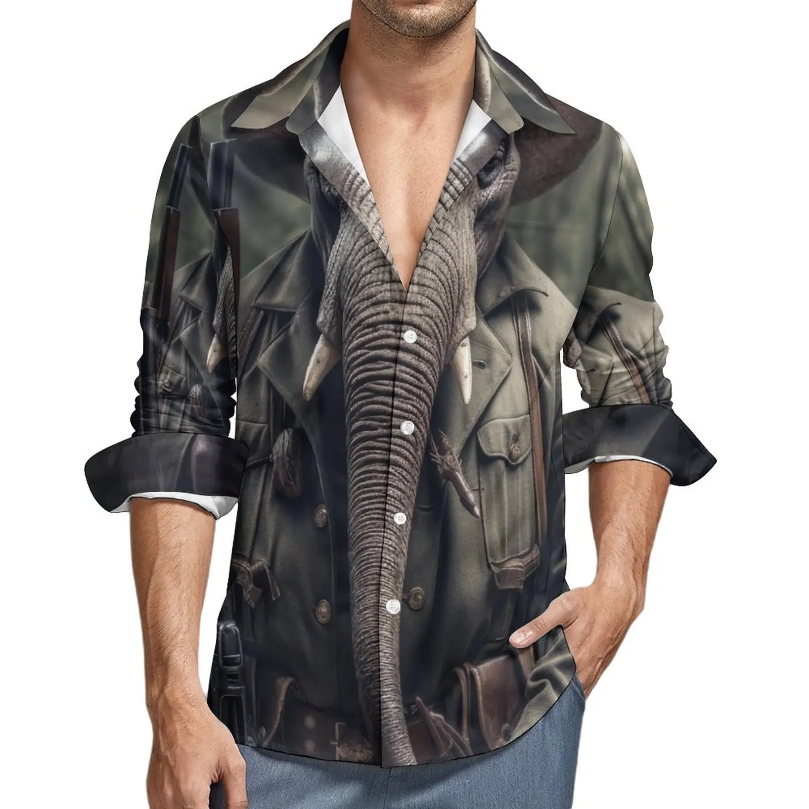 

Elephant Shirt Hunting Animal Casual Shirts Long Sleeve Design Street Style Blouses Spring Novelty Oversized Tops