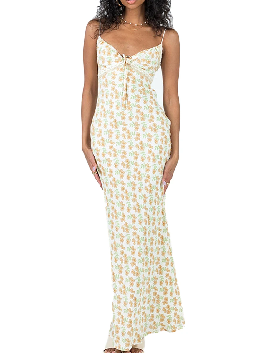 

Elegant Floral Print Bodycon Dress with Tie-Up V-Neck and Backless Design - Perfect for Summer Parties and Special Occasions