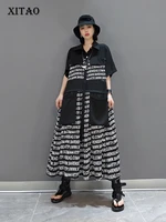 xitao striped dress letter fashion new women pleated 2021 summer elegant casual style loose dress pocket ldd1822