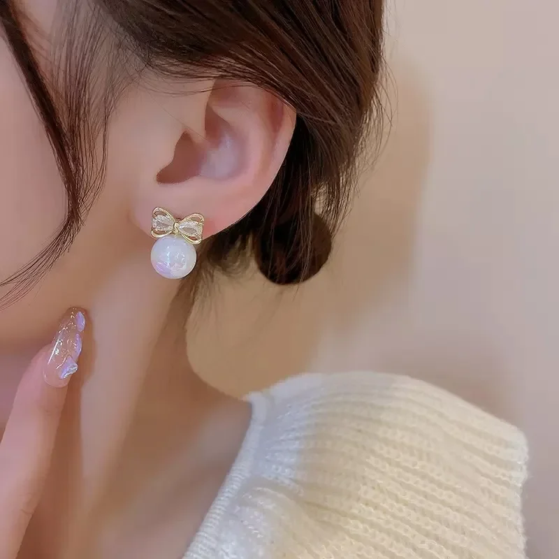 S925 Silver Needle Elegant Design Colorful Korean Pearls Bow Zirconia Stud High-End Sensibility Niche Earrings