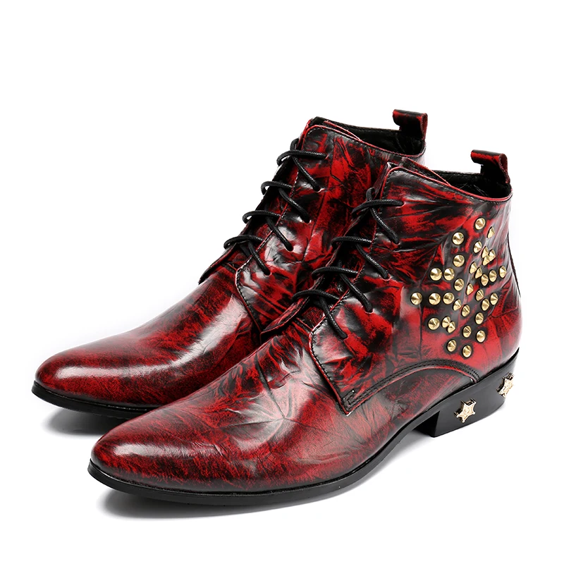 

2023 Fashion Lace Up Plus Size Party Shoes Leisure Rivet Pointed Toe Derby Boots British Style Genuine Leather Men Brogue Boots