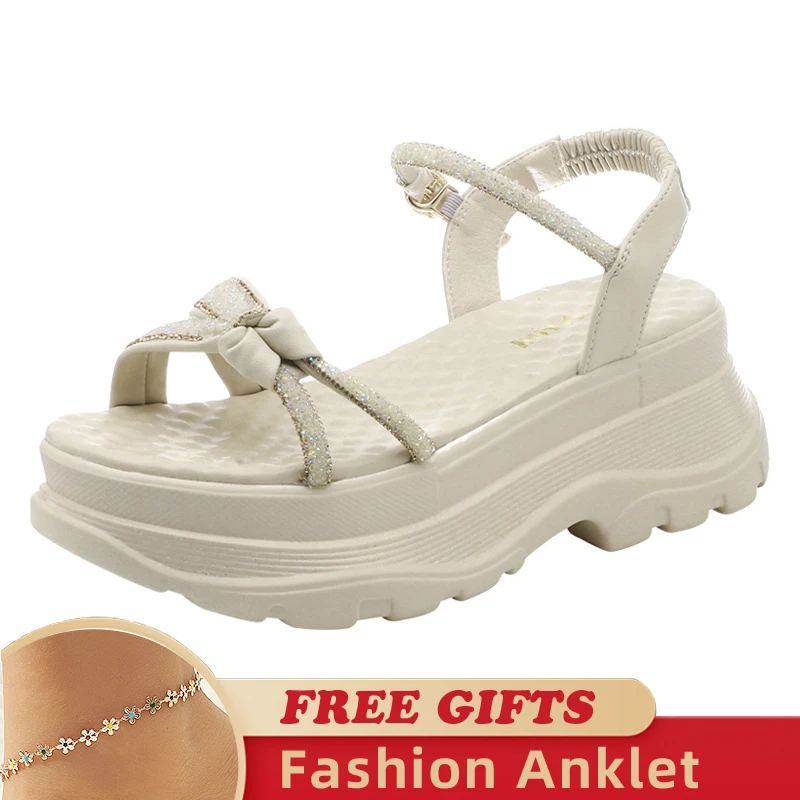 

7CM Rhinestones Deco Knot Design Genuine Leather Fashion Women Sandals Soft Soles Platform Casual Woman Sandals Female Shoes