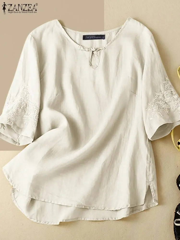 

ZANZEA Vintage Solid Blouse Casual Embroidery Half Sleeve Oversized Shirt Daily Loose 2023 Summer Women Tops Round Neck Blusas