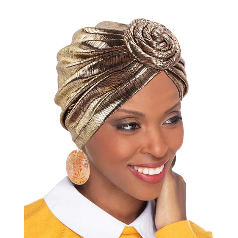 

New Women Metallic Elastic Knotted Turban Muslim Cancer Chemo Cap Muslim Shiny Hijab Head Wrap Wedding Cap Hair Accessories