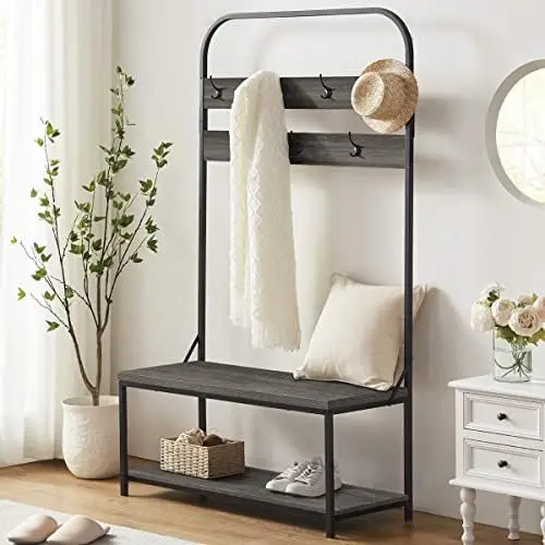 

Coat Shoe Bench, Entryway Hall Tree with Storage Bench, Industrial Coat Tree with Coat for Hallway Bedroom, Metal and Wood Sho