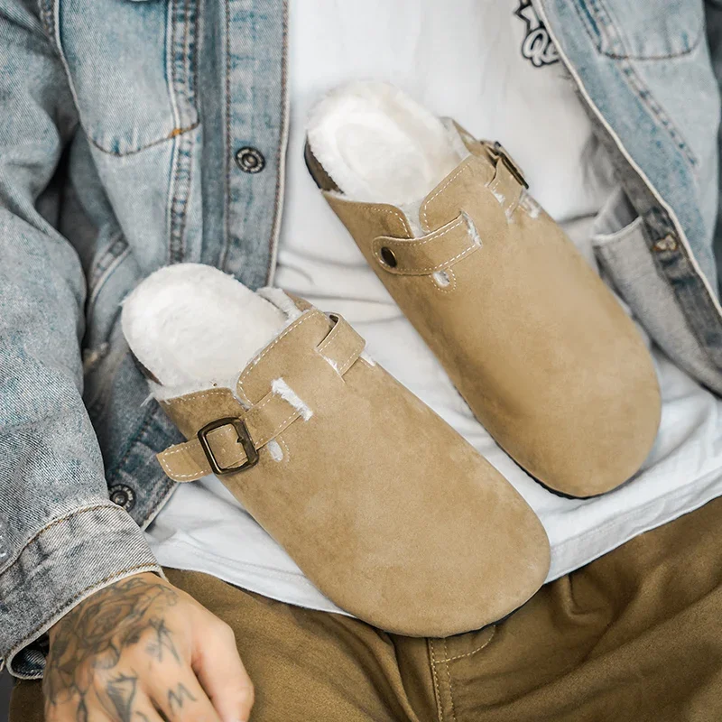 Зимние меховые сабо для мужчин и женщин плюшевые классические пробковые тапочки