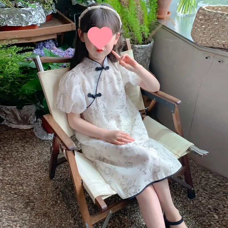 sukienka dla dziewczynki spódnica dziecięca dziewczęca z tuszem 2024 nowy chiński styl narodowy Retro dziewczyny letnie sukienki moda lato