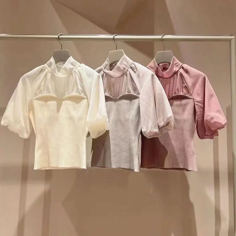 

iYunDo Korean Fashion Tops Ladies Shirts Short Lantern Sleeves Patchworked Knitwears 2022 Spring Summer Women Clothing