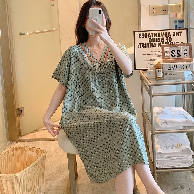 V-Neck Short Sleeve Attractive Nightwear Summer Pajamas Nightgowns Night Dress Women Sleeping Wear Big Size Women's Clothing