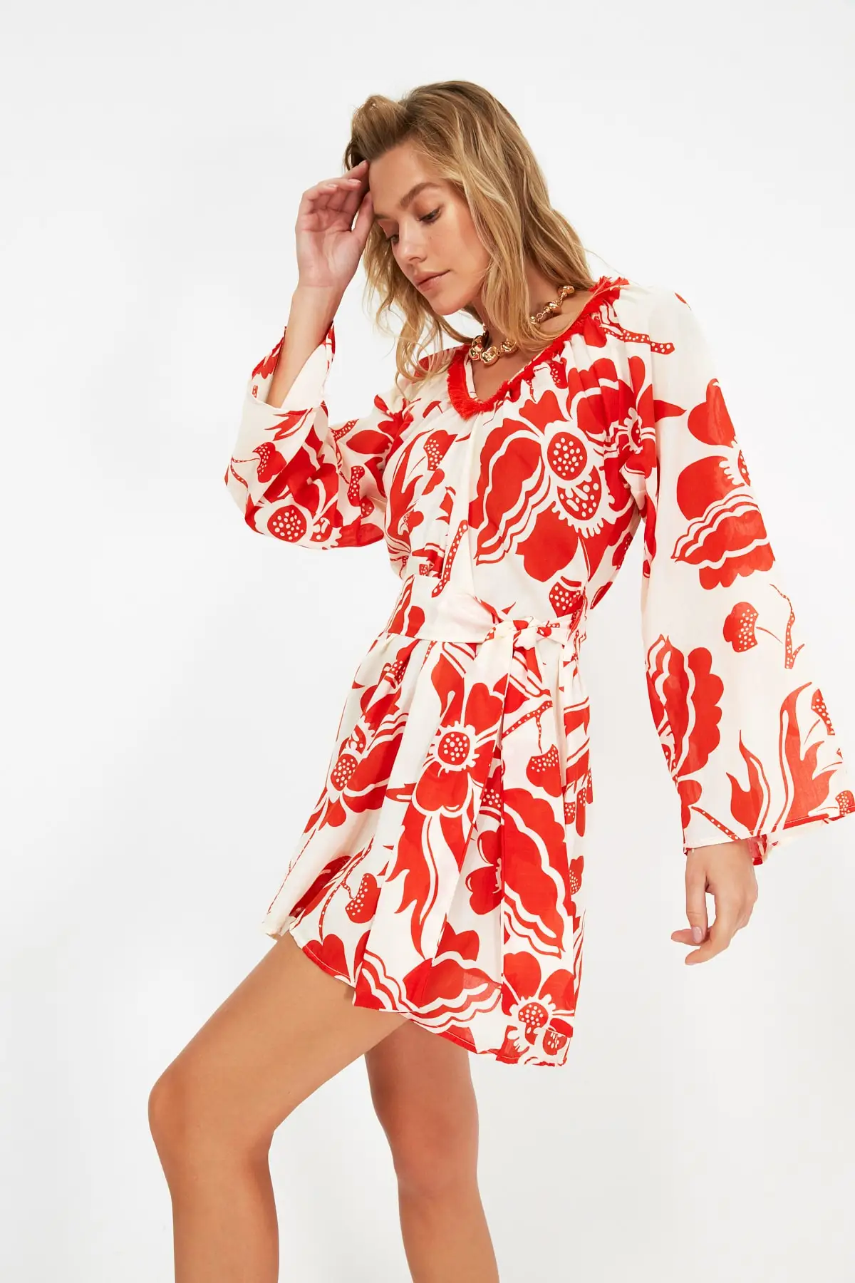 

Trendyol Orange Flower Print Tassel Detail Voile Beach Dress TBESS21EL4239
