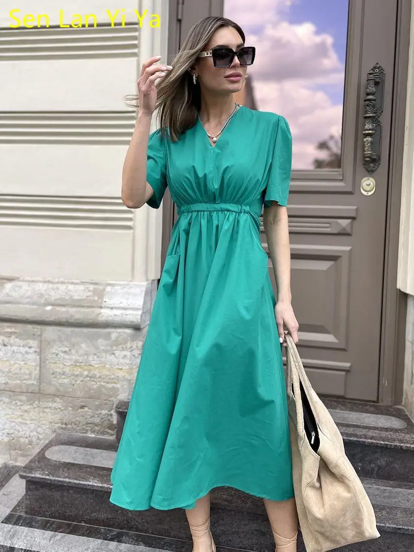 

Sen Lan Yi Ya Elegant High Waisted Lace-Up Llong Dress Fashion Pockets Green Short Sleeve Dress Summer Slim Ruched V-Neck Dress