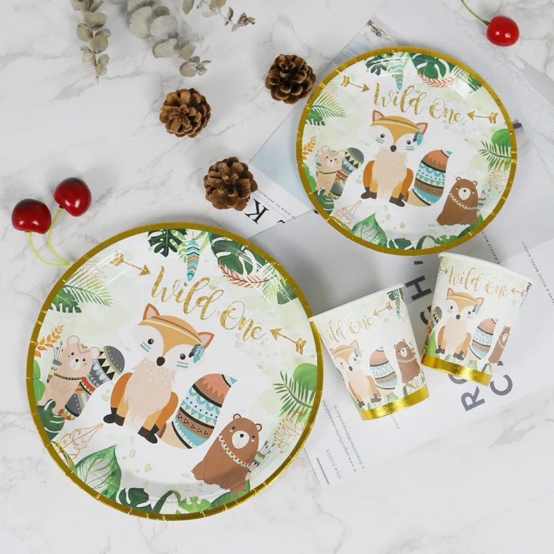 

Woodland Cartoon Animal Fox Party Disposable Tableware Set Paper Plates Straws Wild One Happy Birthday Party Decor Kids Supplies
