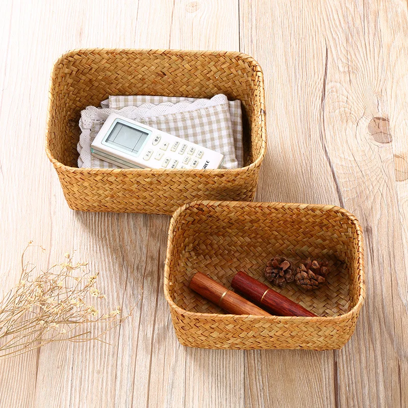 

LuanQI Rectangular Seaweed Storage Baskets Hand Made Desktop Decor Storage Box Small Sundries Basket Fruit Dessert Nut Basket