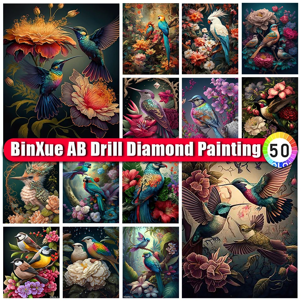 

BinXue 5D DIY Animal AB Diamond Painting Kit Birds Couple Cross Stitch Parrot Rhinestone Trees Flowers Handmade DIY Mosaic Art