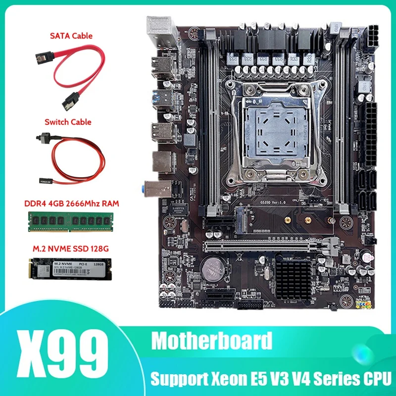 

X99 Motherboard LGA2011-3 Computer Motherboard With M.2 SSD 128G+DDR4 4G 2666Mhz RAM+SATA Cable+Switch Cable