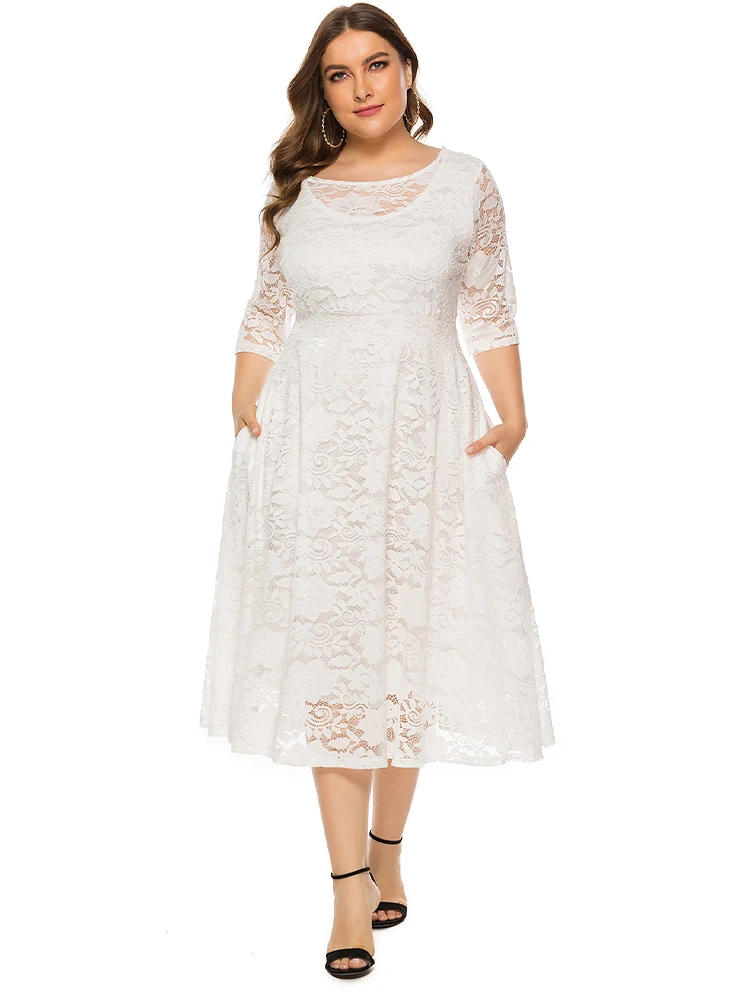 2022 Casual Street For Summer Women Sexy Party Lace Dresses Plus Size Women Clothing Solid Color Fashion O Neck Evening ress
