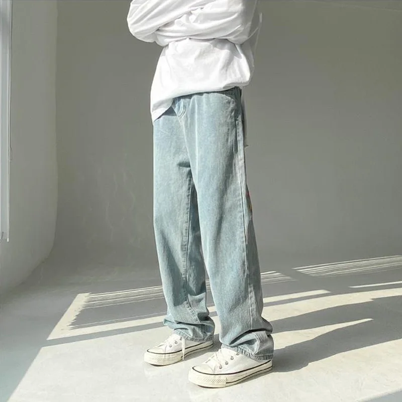 Printed Men's Jeans Fashion Straight Baggy Wide Pants Casual Blue Denim Trousers Streetwear Oversizde Male Bottoms Y2K Clothes