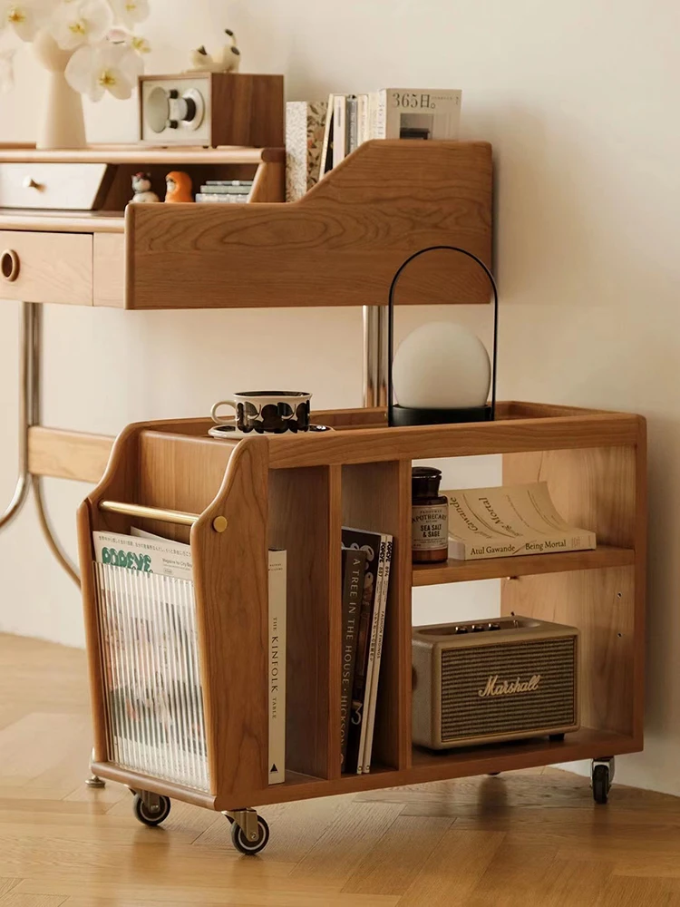 

Vintage solid wood bayan cart living room movable sofa small side few long rainbow glass coffee table side cabinet shelves