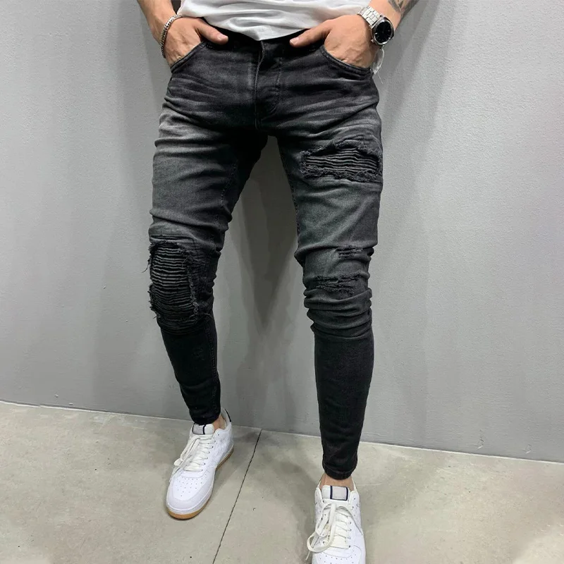 Fashion Ripped Jeans Men Solid Stretch Pleated Biker Trousers  SKinny Casual Pants Black High Street Streetwear Jeans for Men