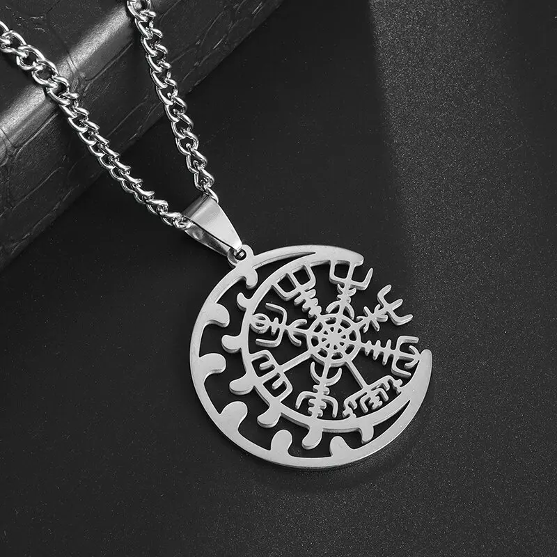 

Vegvisir Stainless Steel Viking Compass Men's Necklace Vintage Norse Rune Amulet Awe Helmet Pendant Supernatural Moon Jewelry