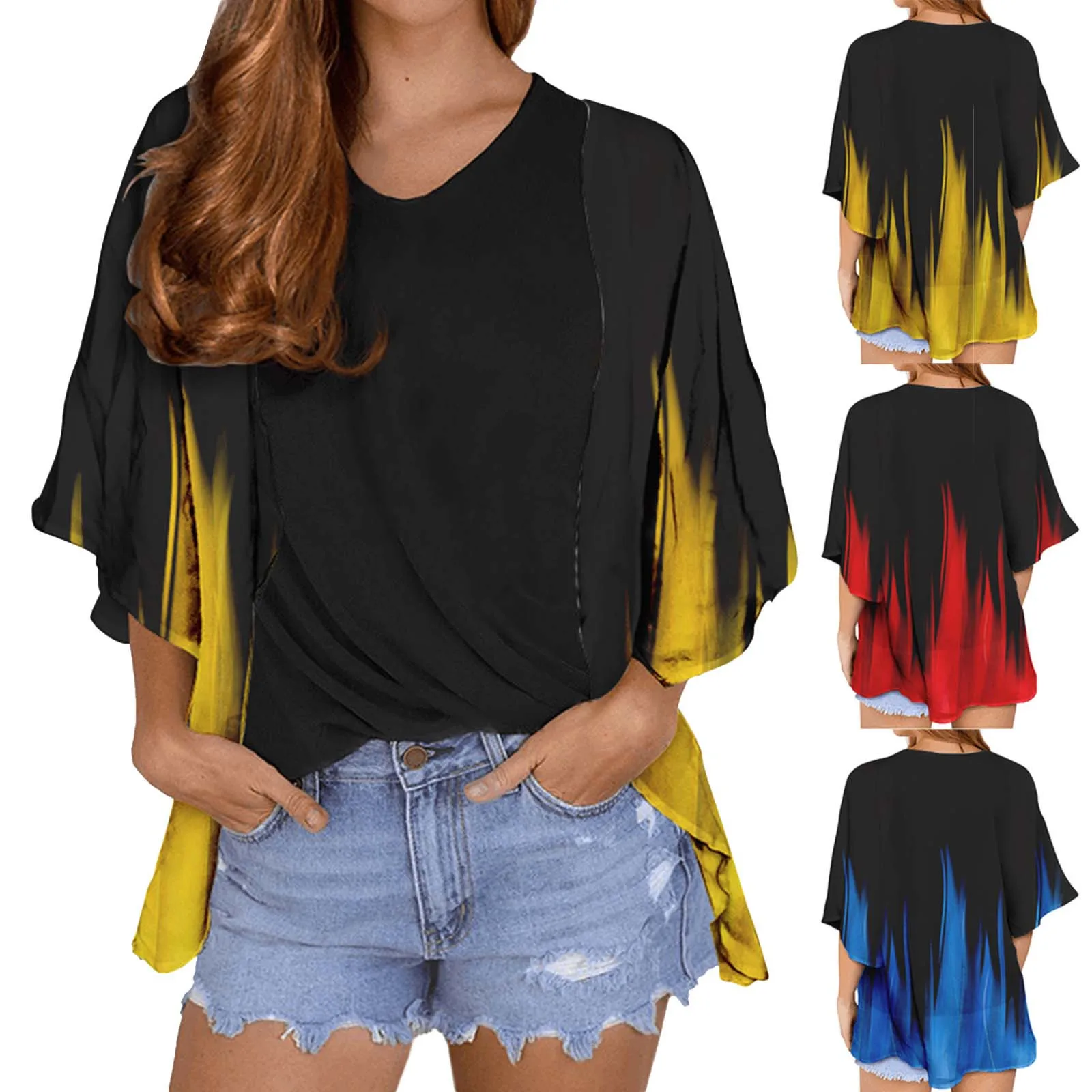 

Women Casual Loose Chiffon Flame Print Cardigan Jacket Chiffon Sheer Beach Shawl Cardigan Cardigans for Women Vintage