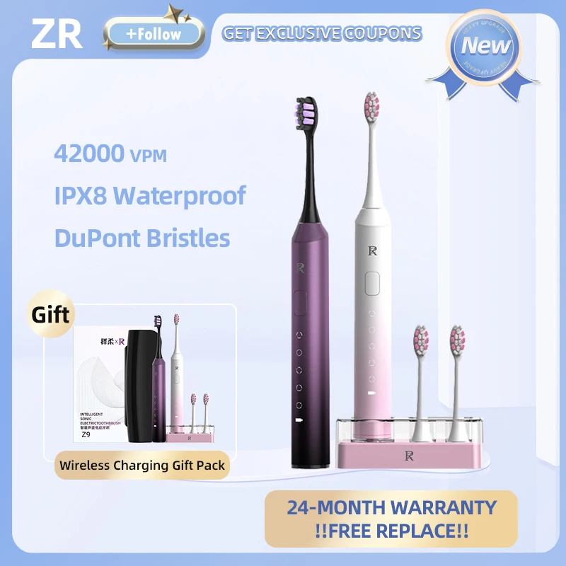 

Звуковая электрическая зубная щетка ZR Z9 с умным таймером, водонепроницаемость IPX8, щетинки Dupont, 5 режимов, для путешествий, для взрослых