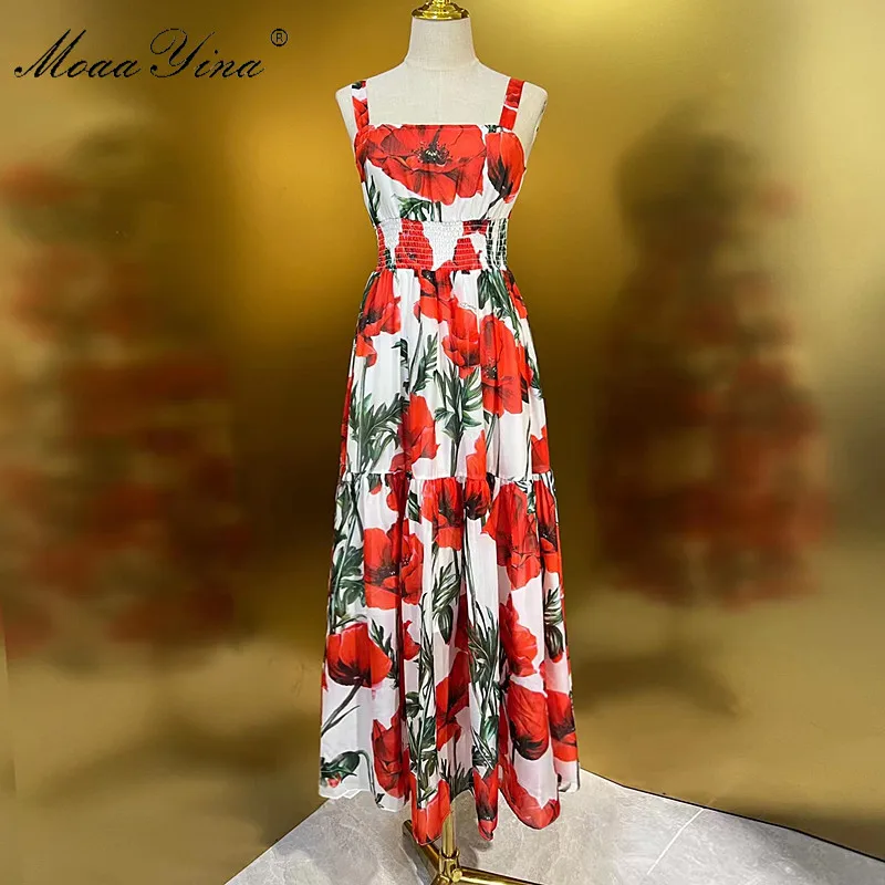 

MoaaYina 2023 Bohemian Vacation New Floral Silk Dress Women Summer Party Runway Fashion Print Sexy Spaghetti Strap Dress