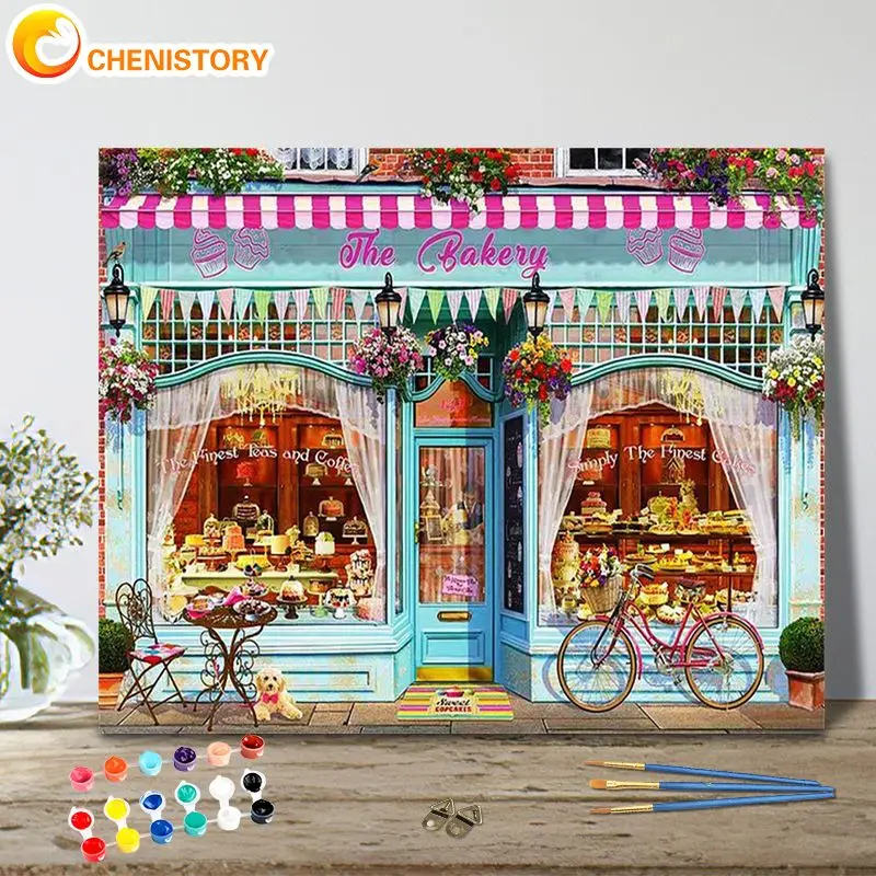 

CHENISTORY Coloring By Number Cake Shop Scenery For Adults Diy Room Wall Art Painting By Number Home Decoration Gift 40*50cm Fra