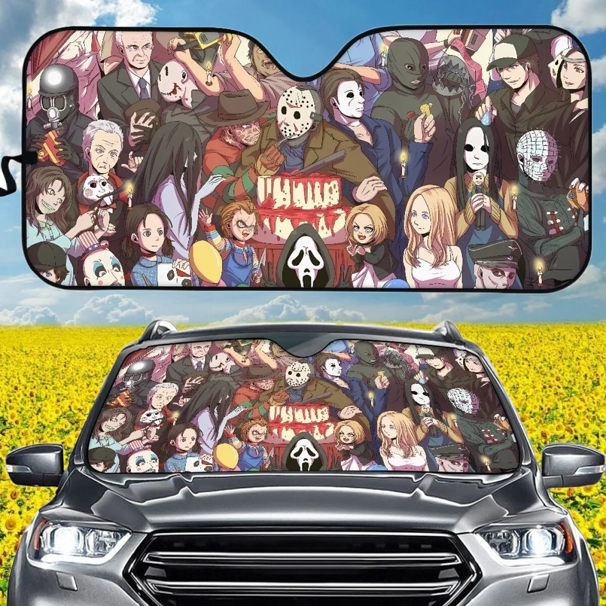 

Cartoon Horror Movie Killer Car Sunshade UV Printing Sun Resistant Windshield Covers Aluminum Foil Premium Cloth AUTOSHADE DIY