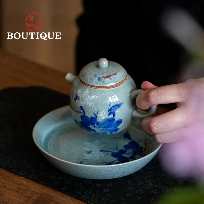 

Retro Ice Crack Open Teapot Old Pottery Mud Pure Hand-painted Fish Play Single Pot Sketch Pot with Filter Hole Kung Fu Tea Set