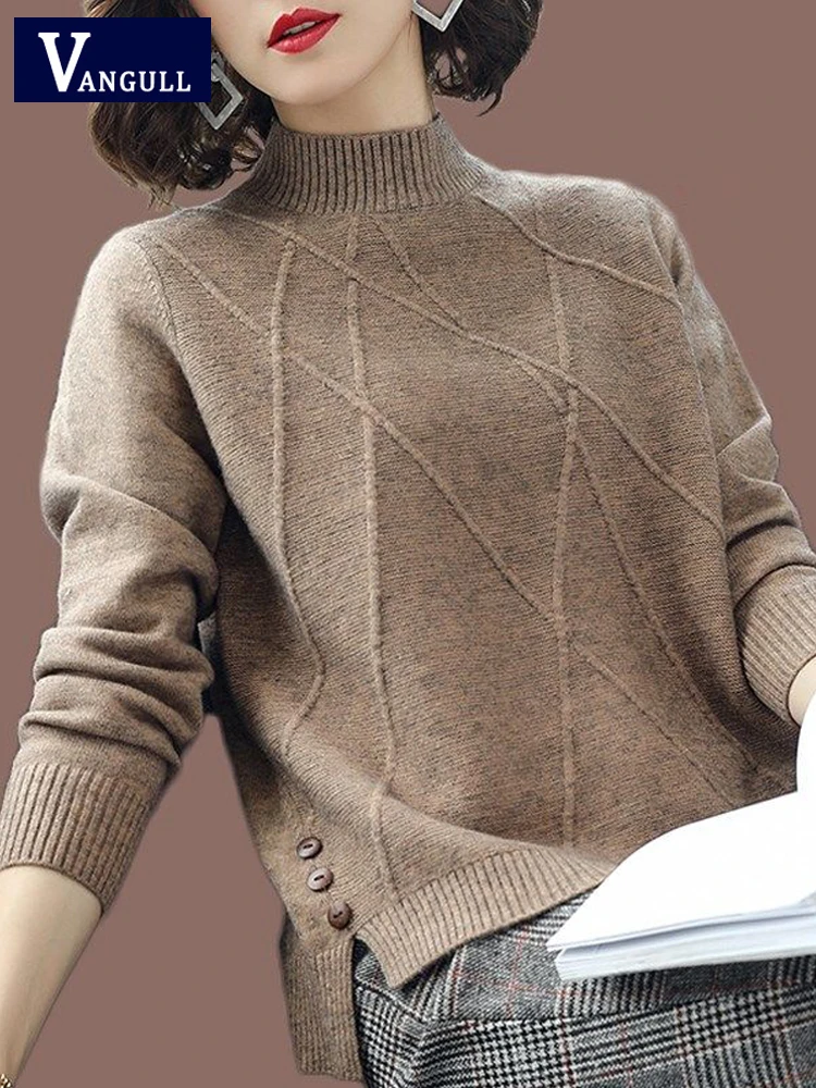 

Vangull Half Turtleneck Knitted Sweater Women Soft Long Sleeve Solid Ladies Pullovers Spring New Casual Loose Female Jumpers