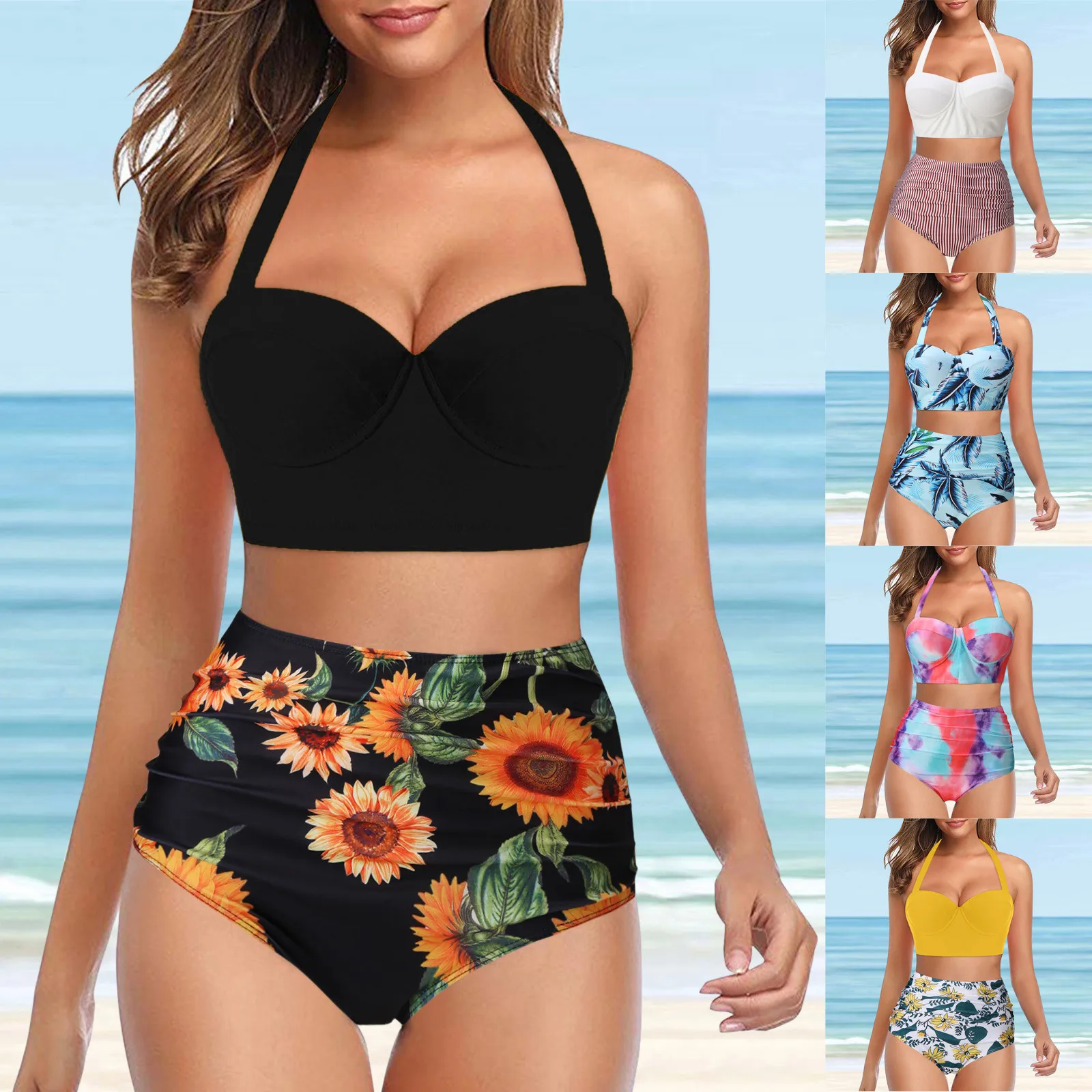 

Dock And Swim Shorts Tankini Two Tow Piece Wrap Halter Vintage High Women Halter Swimwear Printing Crop Waist Piece Tops+Shorts