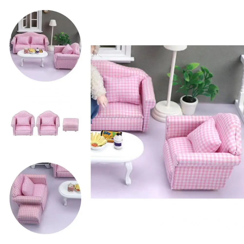 

Handiwork Cute 1:12 Scale Dollhouse Pink Plaid Double-Seat Sofa Decor for Children
