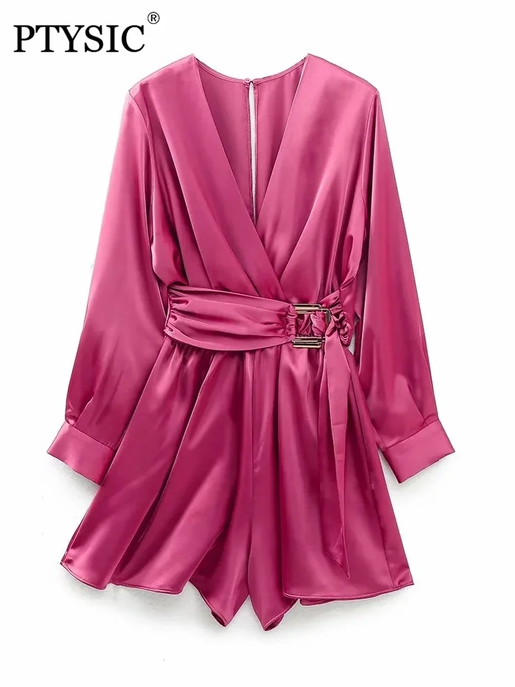 

PTYSIC женский модный сатиновый купальник с пряжкой вырез с длинными рукавами Пояс эластичные сборки сзади