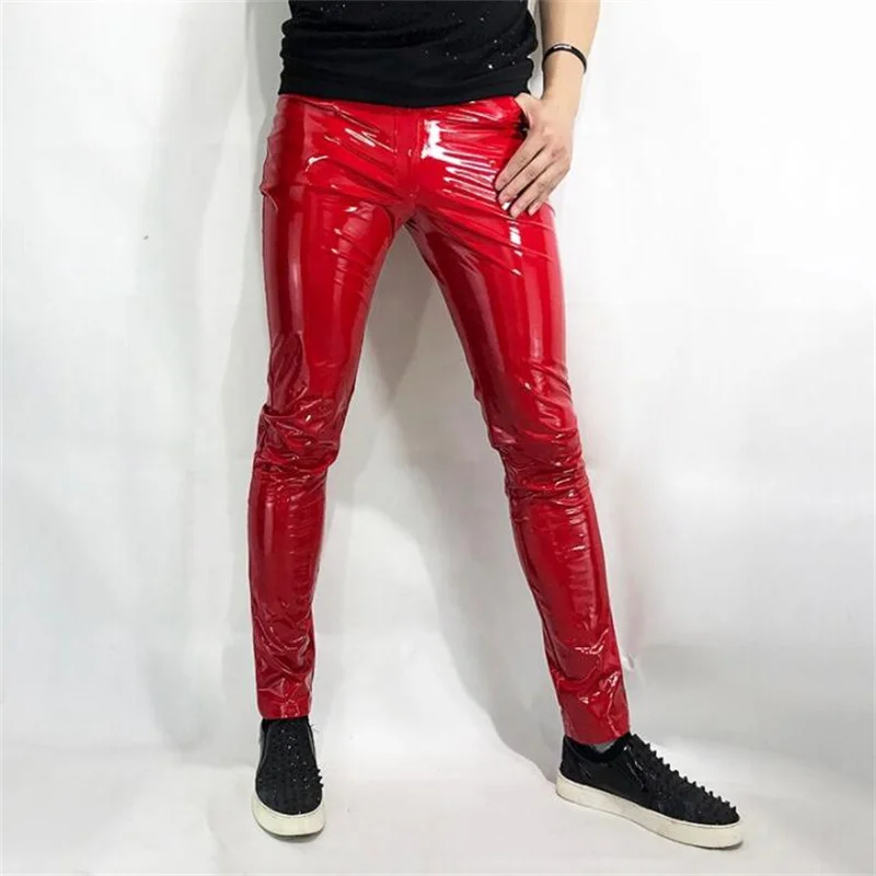 Red leather pants mens elastic PU super bright tight mirror trousers sexy nightclub male model ds performance costume fashion