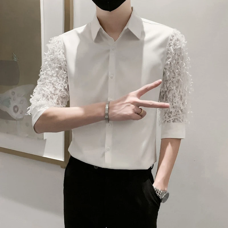 

Lace Stitching Shirts for Men Half Sleeve Business Casual Shirt Slim Fit Social Party Tuxedo Stage Singer Chemise Homme