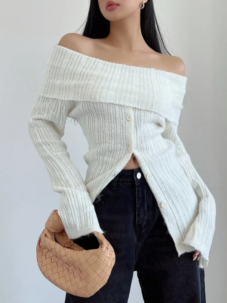 

Женский трикотажный свитер с открытыми плечами, с длинным рукавом